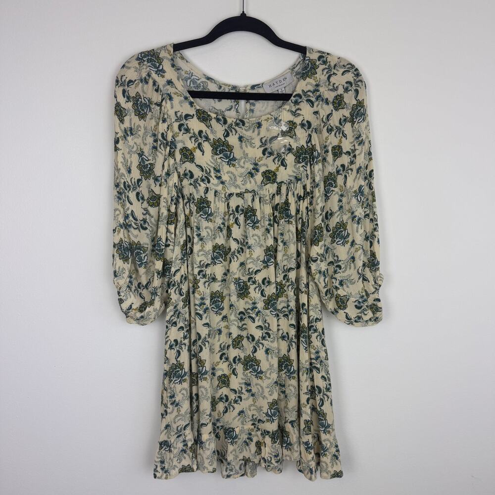 NWOT Hayden Womens Balloon Sleeve Babydoll Floral Cream/Blue Tunic Dress Small